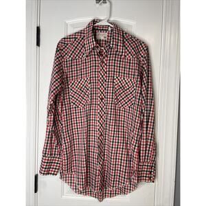 VINTAGE Wrangler USA Shirt Mens Small‎ Red Blue Western Pearl Snap Long Tails